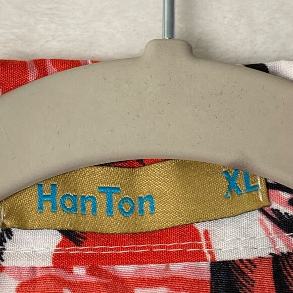 Han Ton Hawaiian Shirt Men Size XL Button Front Cotton Blend Palm Trees Red FLAW - Picture 3 of 10